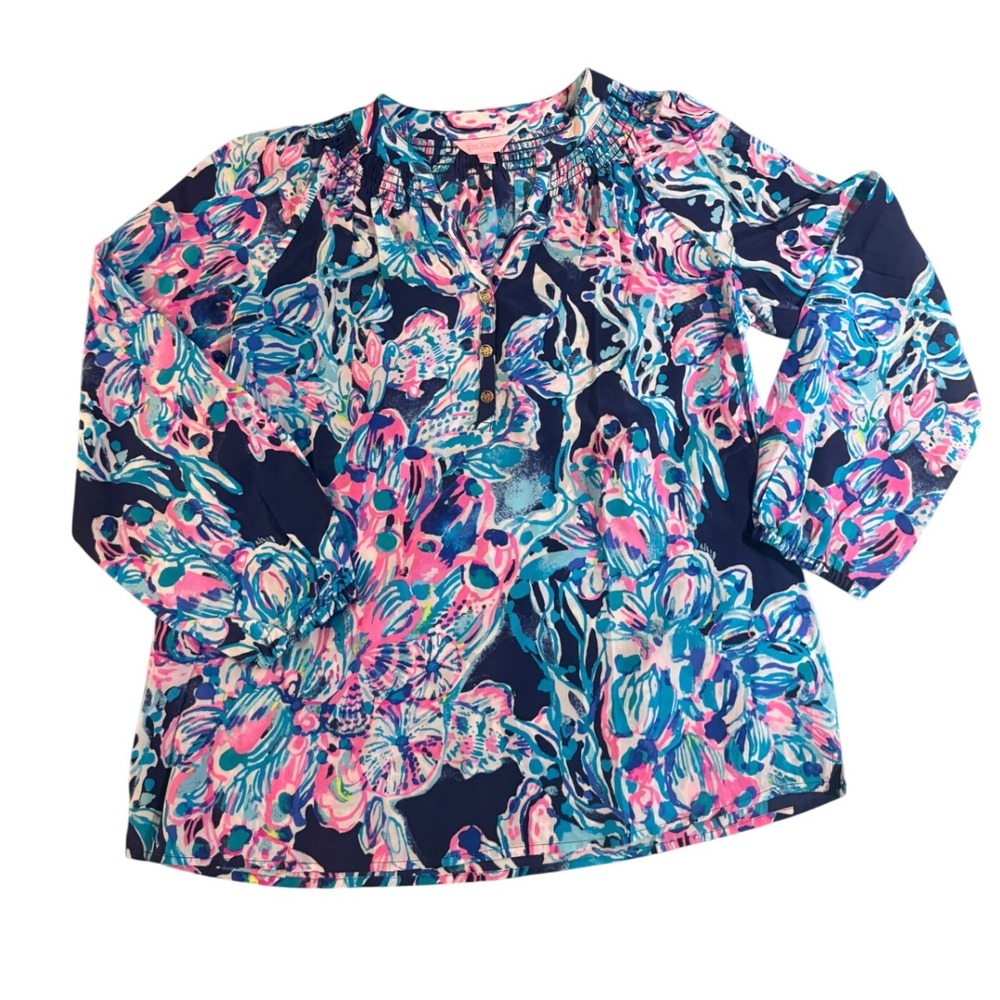 Lilly Pulitzer Elsa Blouse Blue Pink Floral Silk Smocked Top Medium
